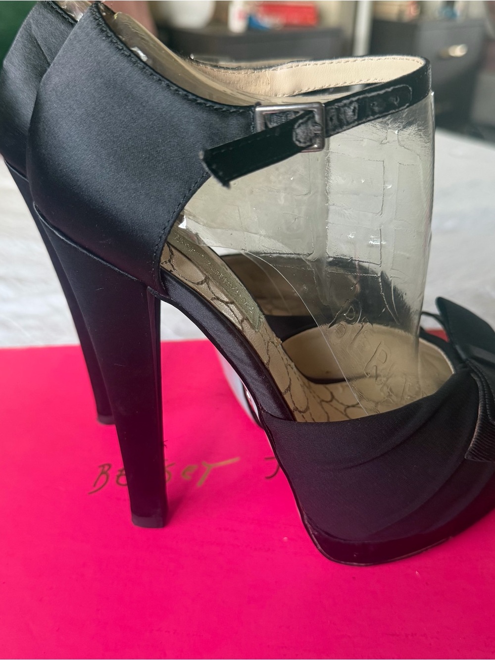 Black Betsey Johnson Peep-Toe Platform Heels with Ankle Strap - Picture 5 of 6